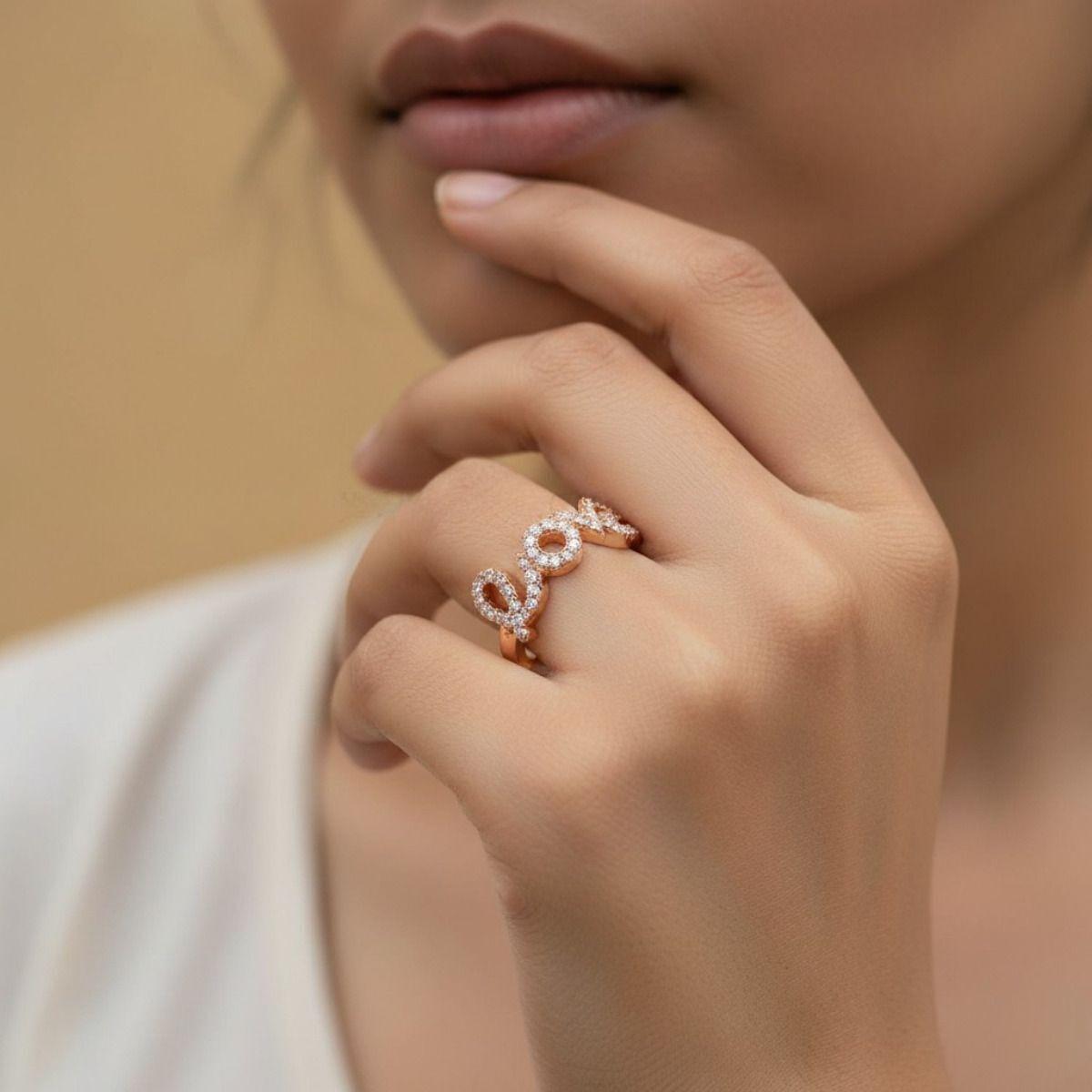 Forevershine Rose Gold Plated Love Adjustable Finger Ring For Women, Cubic Zirconia Studded Fashion Ring For Girls, Open Size Crystal Alphabet Design Jewelry - Image 3