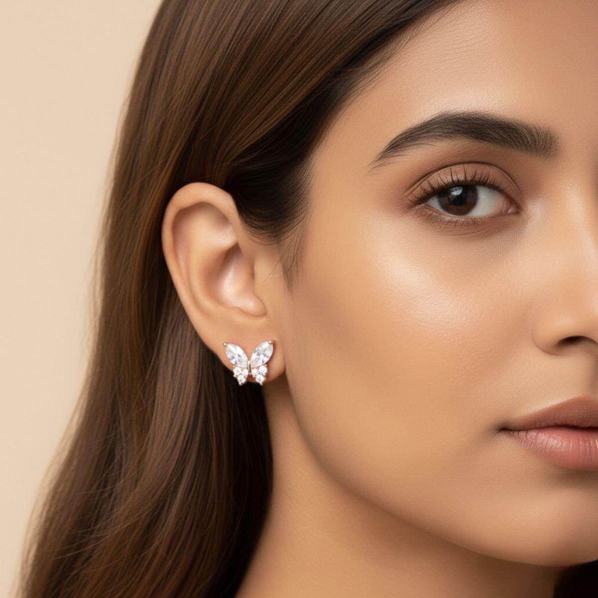 Forevershine Rose Gold Butterfly Cz Stud Earrings For Women | Cubic Zirconia Stone Studded Designer Tops | Elegant Party & Daily Jewellery - Image 2