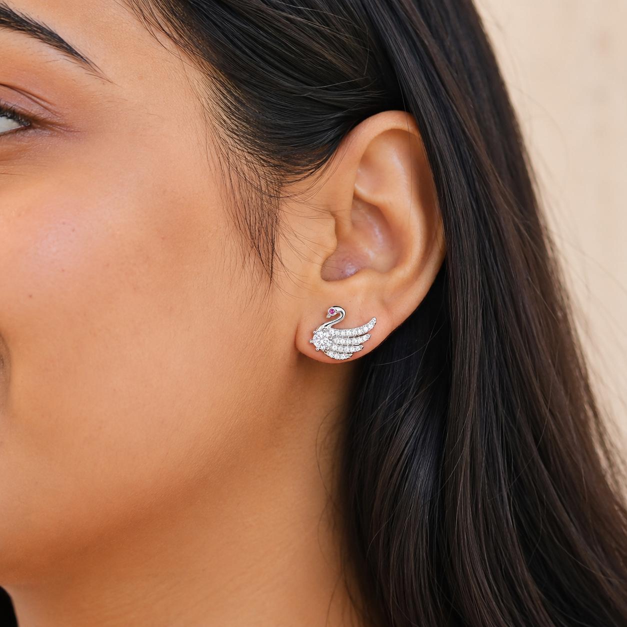 Forevershine Cubic Zirconia Swan Stud Earrings For Women | Rhodium Plated Cz Stone Designer Tops | Small Size Party & Daily Elegent Earrings - Image 2