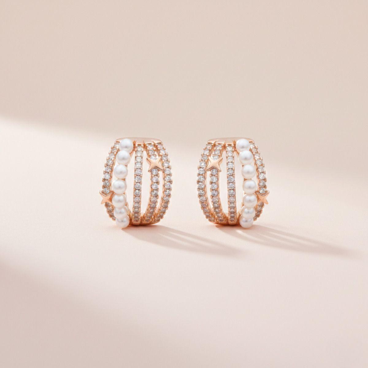 Forevershine Rose Gold Pearl Cz Hoop Earrings For Women | Cubic Zirconia Stone Studded Designer Tops | Star Motif Party & Daily Jewellery