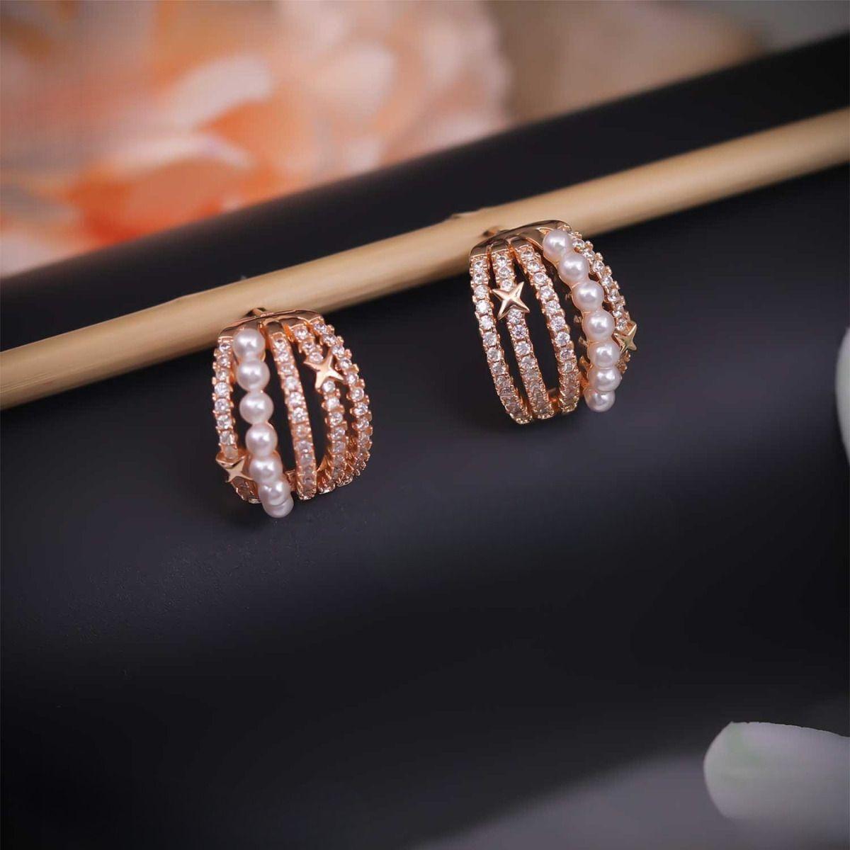 Forevershine Rose Gold Pearl Cz Hoop Earrings For Women | Cubic Zirconia Stone Studded Designer Tops | Star Motif Party & Daily Jewellery - Image 2