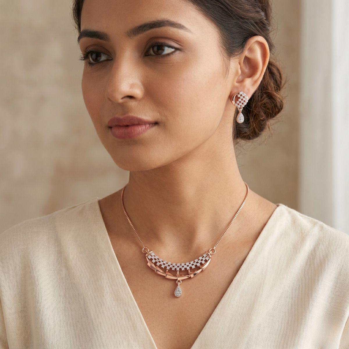 Forevershine Rose Gold Plated Cubic Zirconia Stone Studded Chain Pendant Necklace With Matching Earrings Jewellery Set For Women