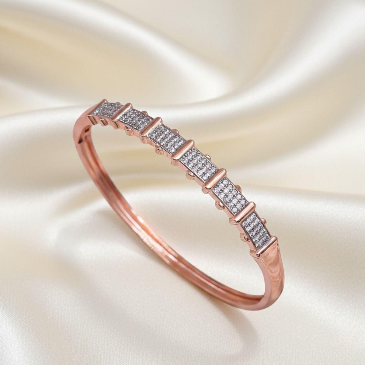 Forevershine Rose Gold Plated Dual Tone Bangle Bracelet Kada With Ad Cz Cubic Zirconia Gemstone Studded Rectangular Stations | Anti Tarnish | Trendy Fashion Jewellery For Girls & Women