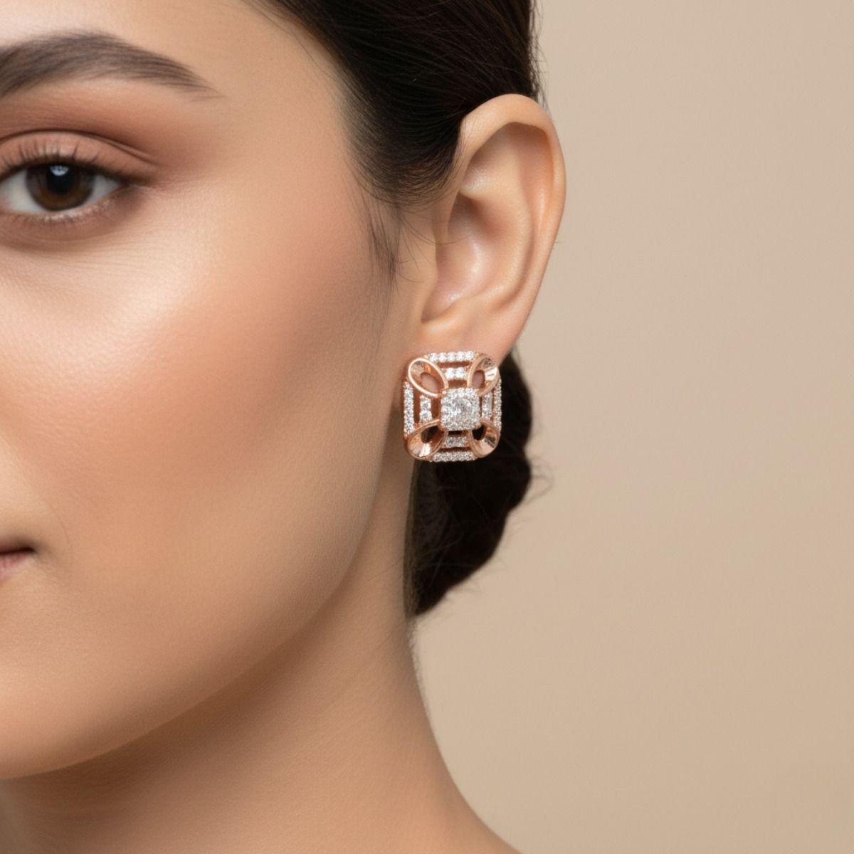 Forevershine Rose Gold Dual Tone Square Cz Stud Earrings For Women | Cubic Zirconia Stone Studded Designer Tops | Geometric Party & Daily Jewellery - Image 2