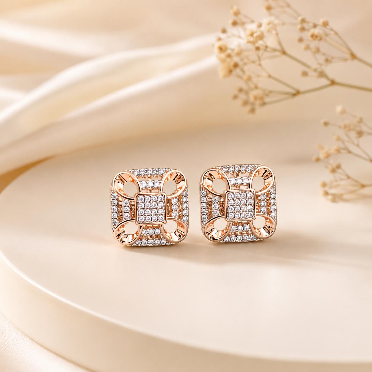 Forevershine Rose Gold Dual Tone Square Cz Stud Earrings For Women | Cubic Zirconia Stone Studded Designer Tops | Geometric Party & Daily Jewellery