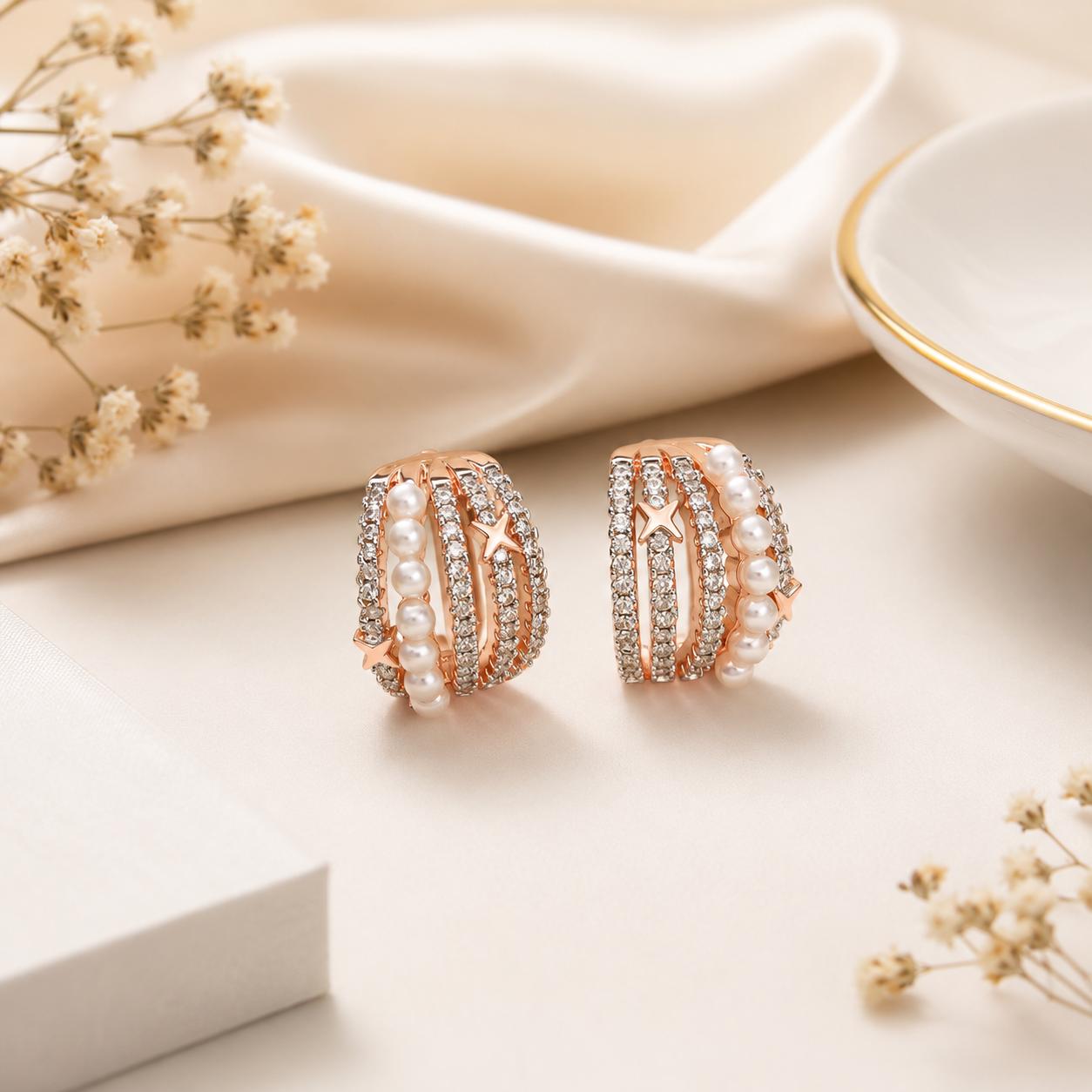 Forevershine Rose Gold Dual Tone Pearl Cz Hoop Earrings For Women | Cubic Zirconia Stone Studded Designer Tops | Star Motif Party & Daily Jewellery - Image 5