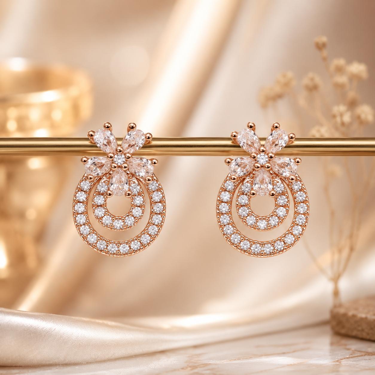 Forevershine Rose Gold Cz Drop Stud Earrings For Women|cubic Zirconia Crystal Doublecircle Dangle Style Designer Tops| Party&wedding Fashion Jewellery - Image 3