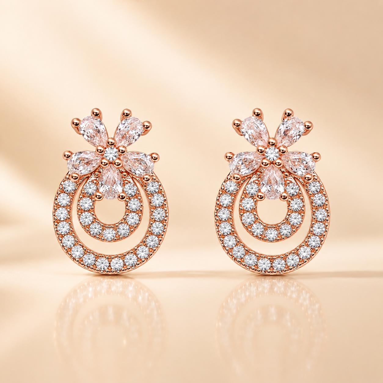 Forevershine Rose Gold Cz Drop Stud Earrings For Women|cubic Zirconia Crystal Doublecircle Dangle Style Designer Tops| Party&wedding Fashion Jewellery