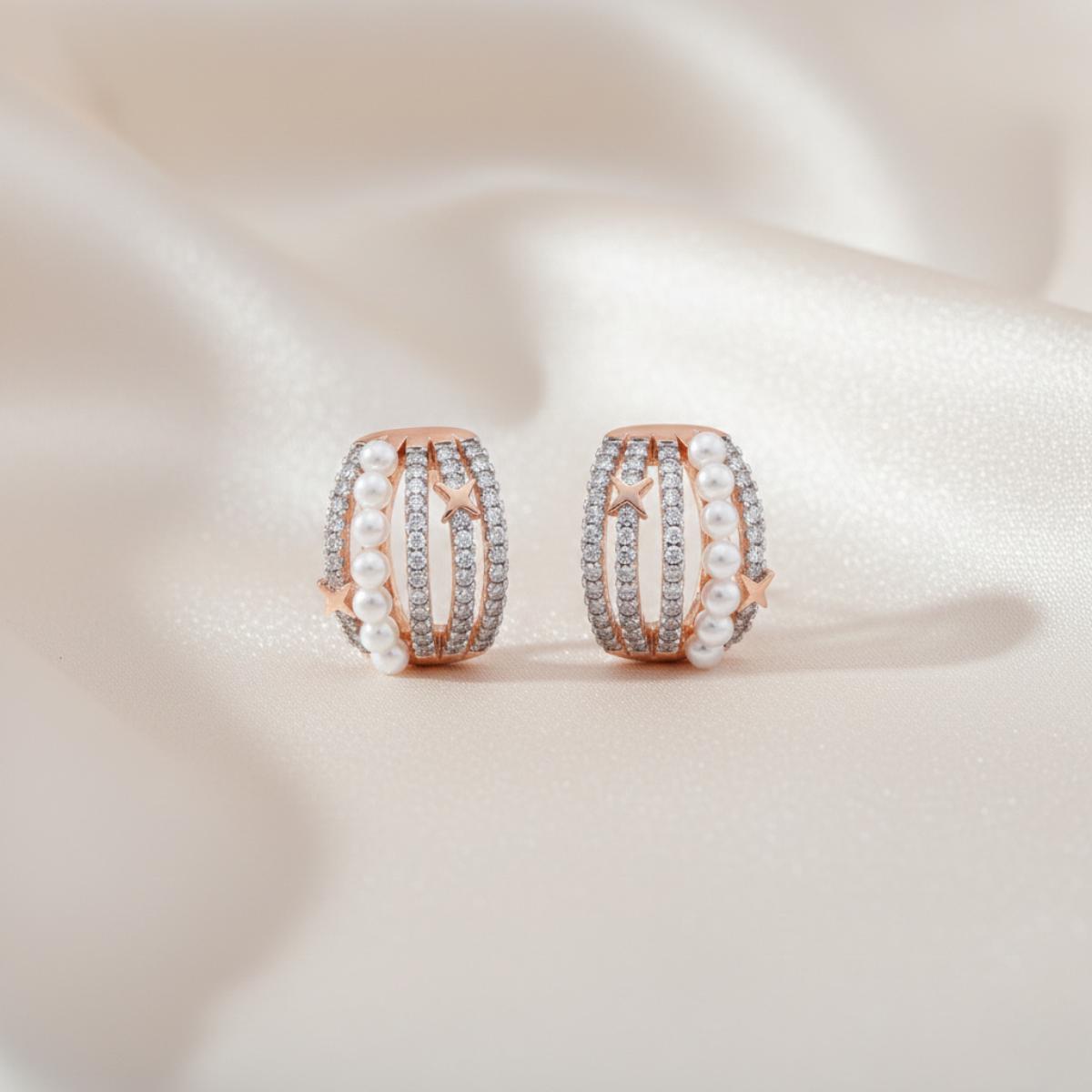 Forevershine Rose Gold Dual Tone Pearl Cz Hoop Earrings For Women | Cubic Zirconia Stone Studded Designer Tops | Star Motif Party & Daily Jewellery - Image 4