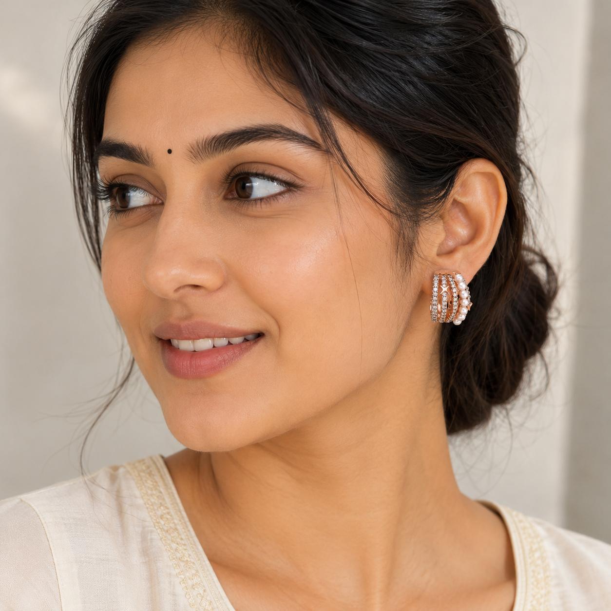 Forevershine Rose Gold Dual Tone Pearl Cz Hoop Earrings For Women | Cubic Zirconia Stone Studded Designer Tops | Star Motif Party & Daily Jewellery - Image 2