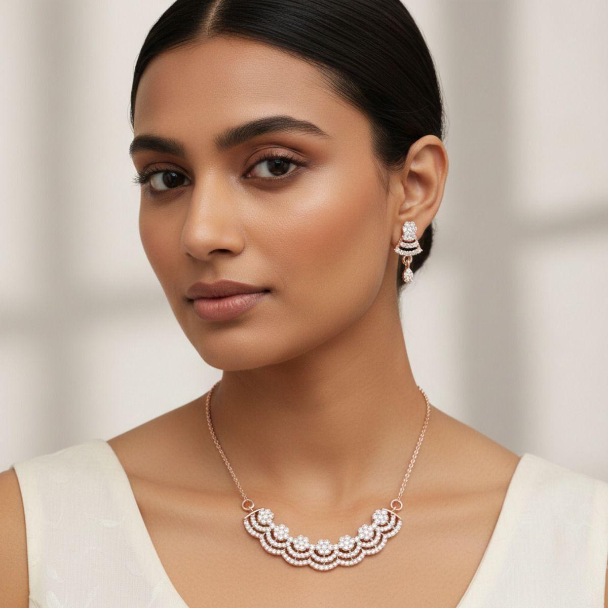 Forevershine Rose Gold Plated Cubic Zirconia Stone Studded Chain Pendant Necklace With Matching Earrings Jewellery Set For Women