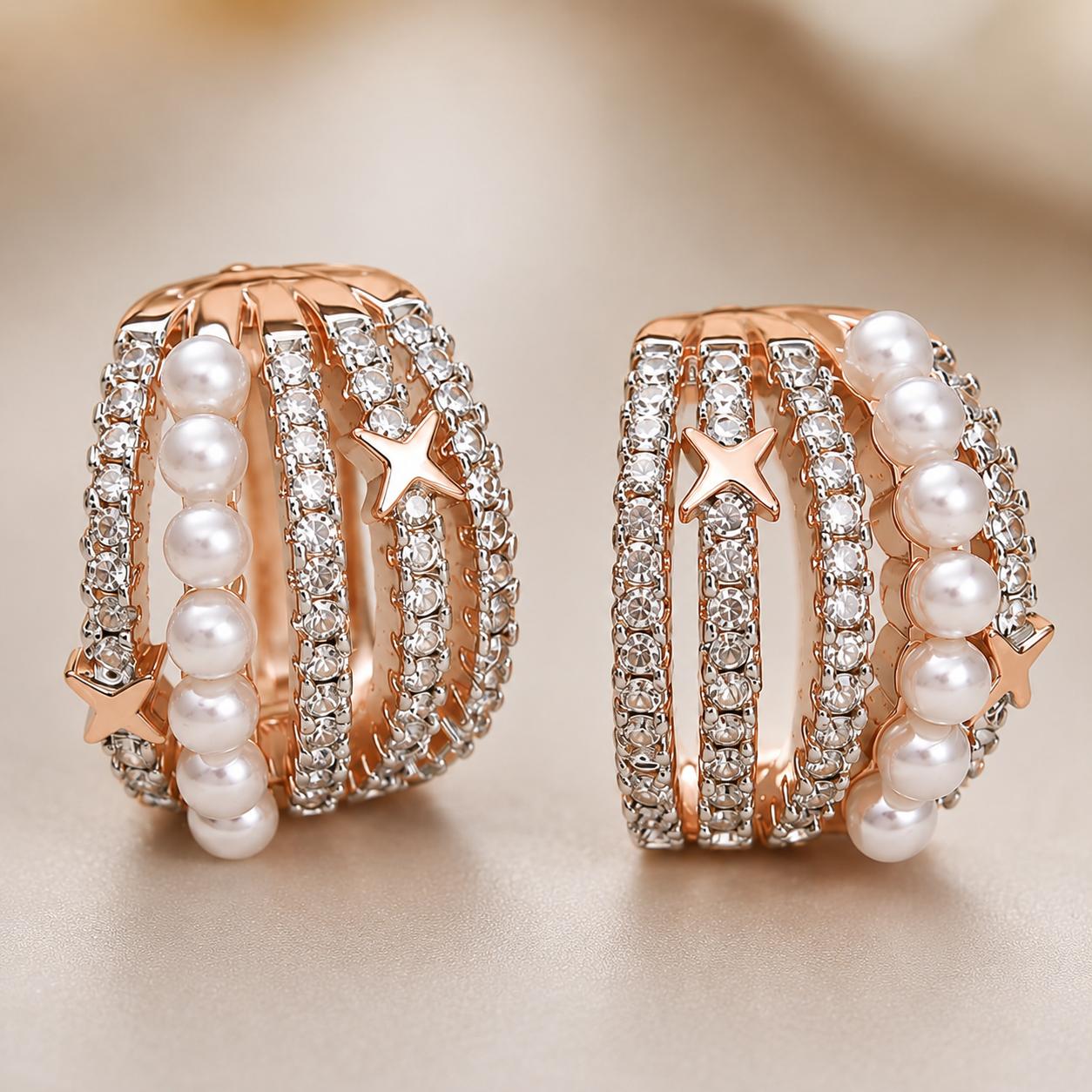 Forevershine Rose Gold Dual Tone Pearl Cz Hoop Earrings For Women | Cubic Zirconia Stone Studded Designer Tops | Star Motif Party & Daily Jewellery - Image 3