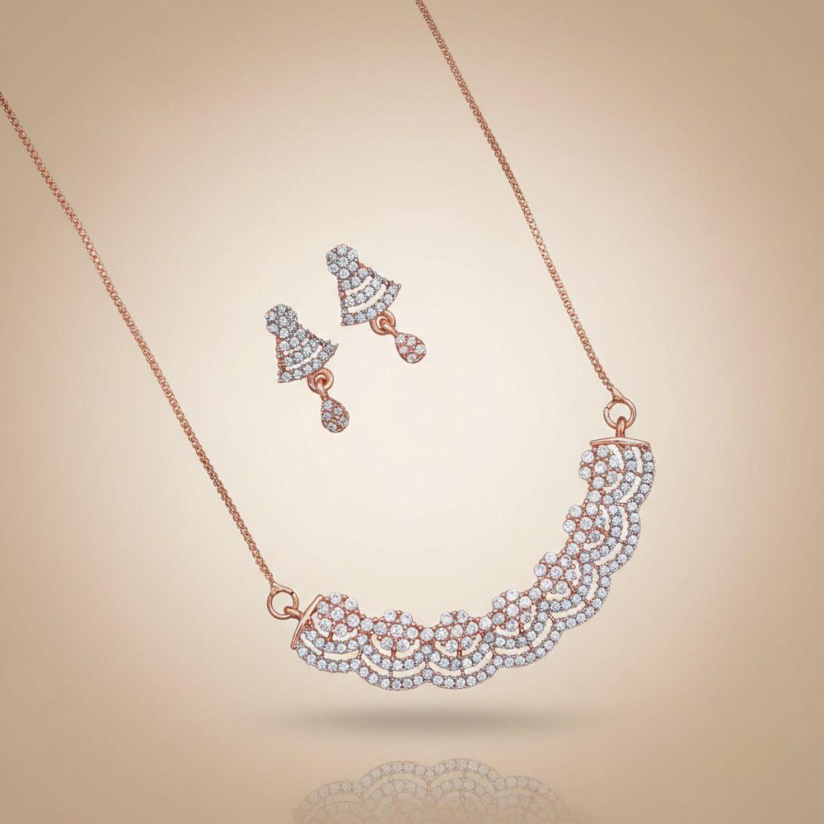 Forevershine Rose Gold Plated Cubic Zirconia Stone Studded Chain Pendant Necklace With Matching Earrings Jewellery Set For Women - Image 2