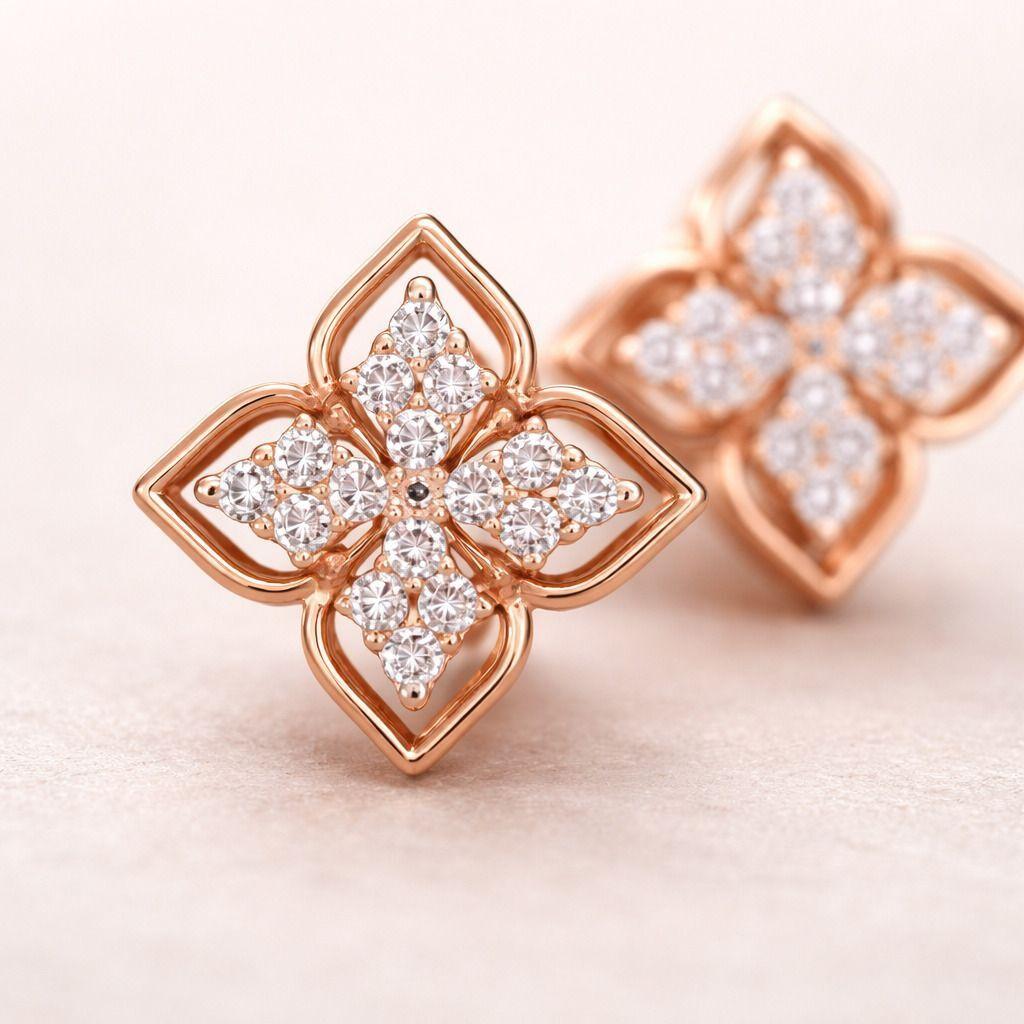 Forevershine Rose Gold Floral Stud Earrings For Women|cubic Zirconia Crystal Stone Studded Small Flower Designer Tops|daily&party Fashion Jewellery