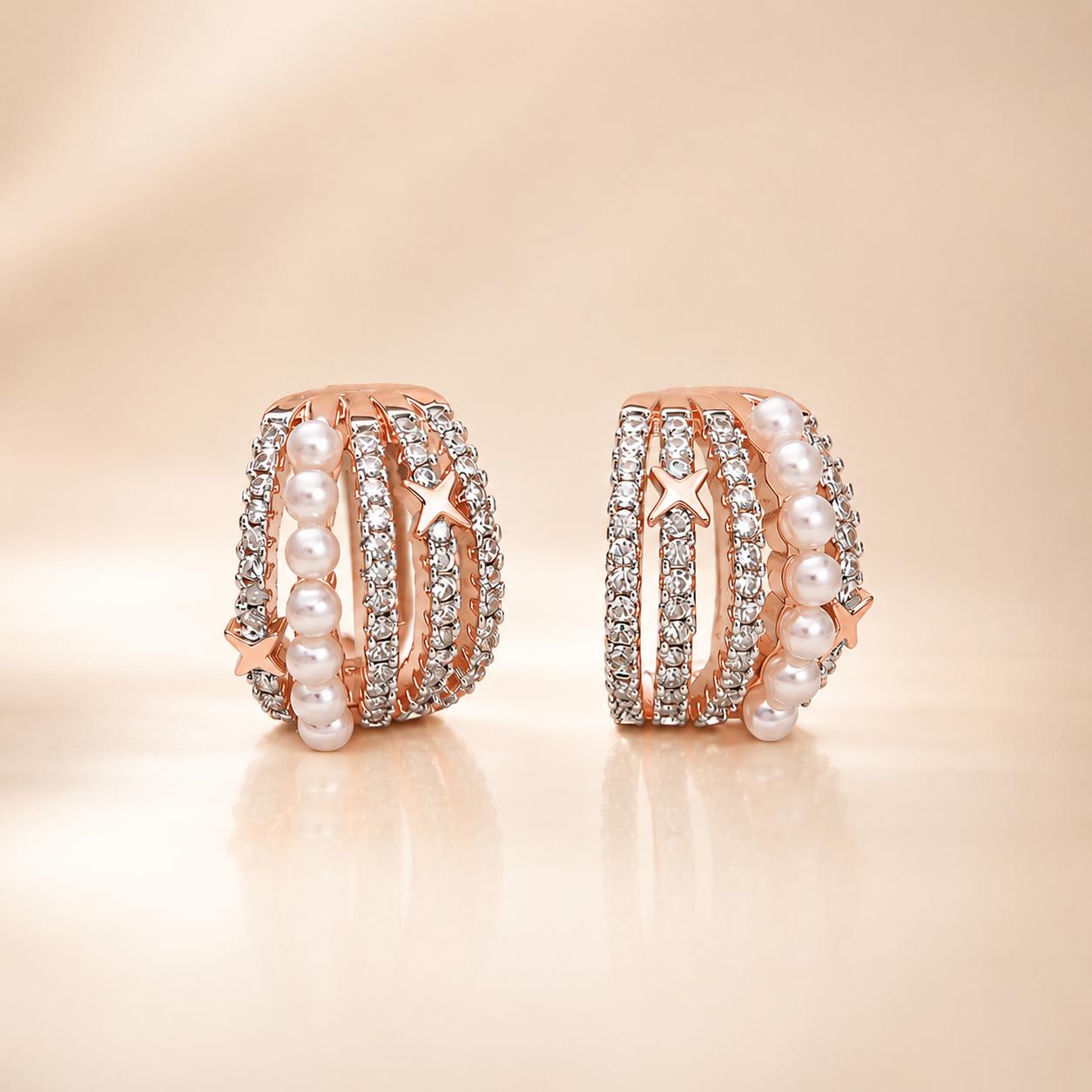 Forevershine Rose Gold Dual Tone Pearl Cz Hoop Earrings For Women | Cubic Zirconia Stone Studded Designer Tops | Star Motif Party & Daily Jewellery