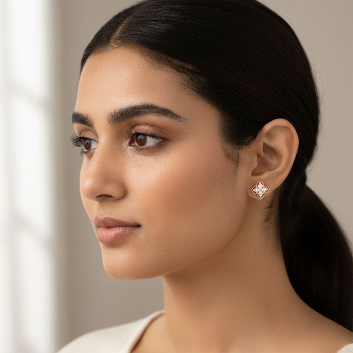 Forevershine Rose Gold Floral Stud Earrings For Women|cubic Zirconia Crystal Stone Studded Small Flower Designer Tops|daily&party Fashion Jewellery - Image 2