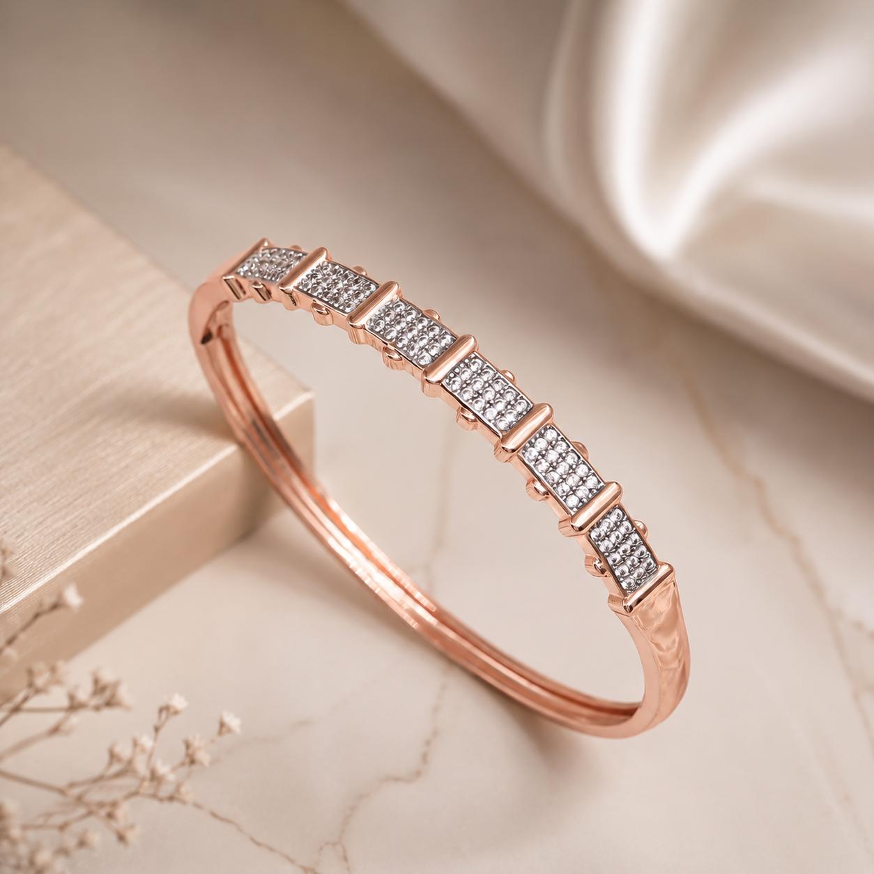 Forevershine Rose Gold Plated Dual Tone Bangle Bracelet Kada With Ad Cz Cubic Zirconia Gemstone Studded Rectangular Stations | Anti Tarnish | Trendy Fashion Jewellery For Girls & Women - Image 3
