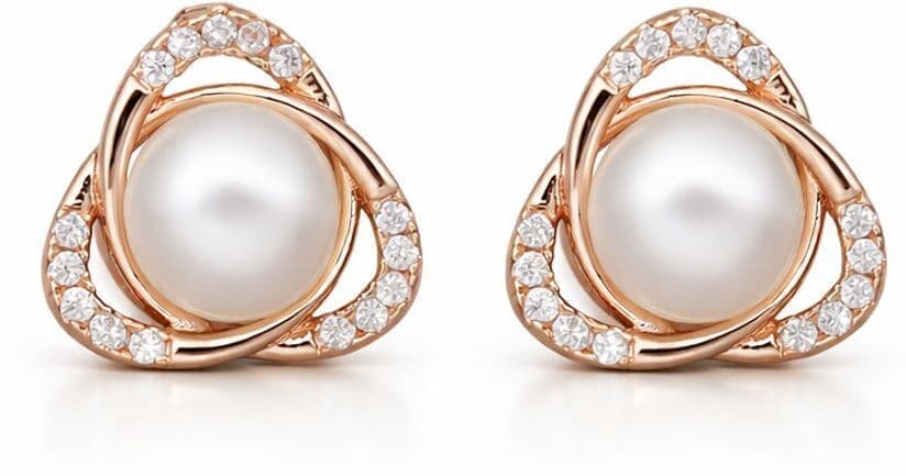 Forevershine Rose Gold Pearl Stud Earrings For Women | Cubic Zirconia Crystal Triangle Swirl Designer Tops | Party & Daily Fashion Jewellery - Image 4