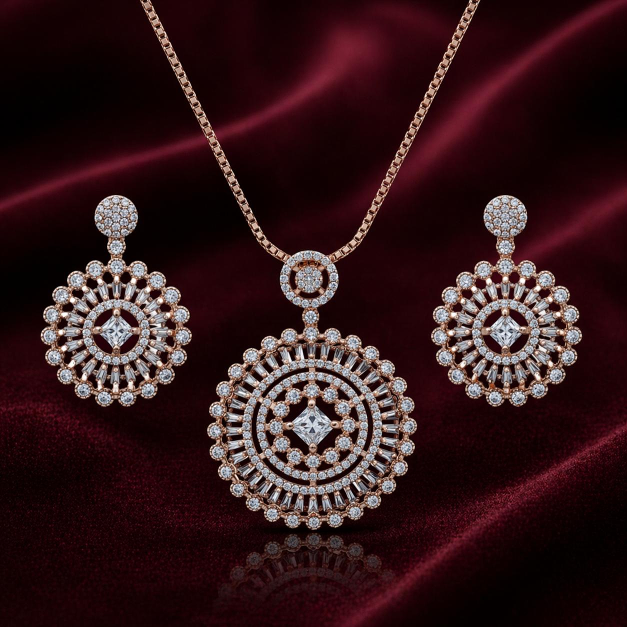 Forevershine Rose Gold Plated Cubic Zirconia Pendant Necklace & Earring Set – Luxury Women’s Jewelry Set - Image 3