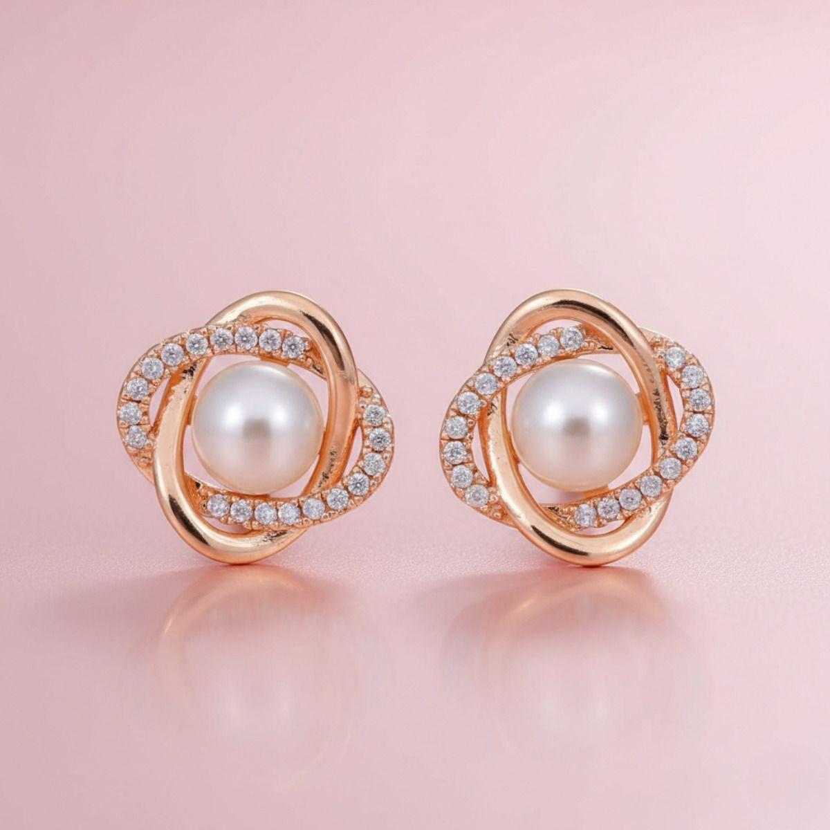 Forevershine Rose Gold Pearl Stud Earrings For Women|cubic Zirconia Crystal Studded Round Knot Designer Tops | Party & Daily Fashion Jewellery - Image 2
