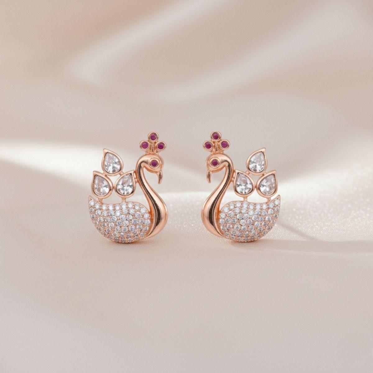 Forevershine Rose Gold Peacock Stud Earrings, Cubic Zirconia, Ruby Accent Stones, Pave Setting Lstud Earrings For Women & Girls | Small Pavé Cz Oval Huggie Hoops | Party & Daily Elegant Jewellery