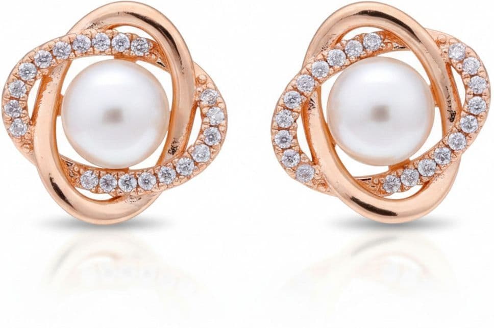 Forevershine Rose Gold Pearl Stud Earrings For Women|cubic Zirconia Crystal Studded Round Knot Designer Tops | Party & Daily Fashion Jewellery - Image 3