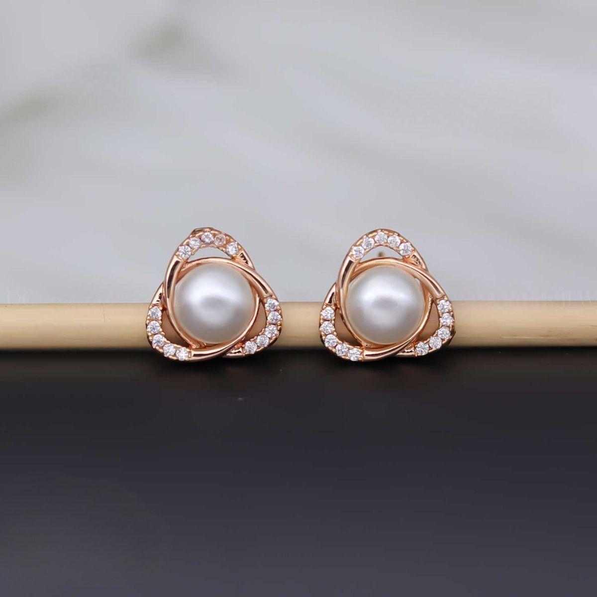 Forevershine Rose Gold Pearl Stud Earrings For Women | Cubic Zirconia Crystal Triangle Swirl Designer Tops | Party & Daily Fashion Jewellery - Image 3