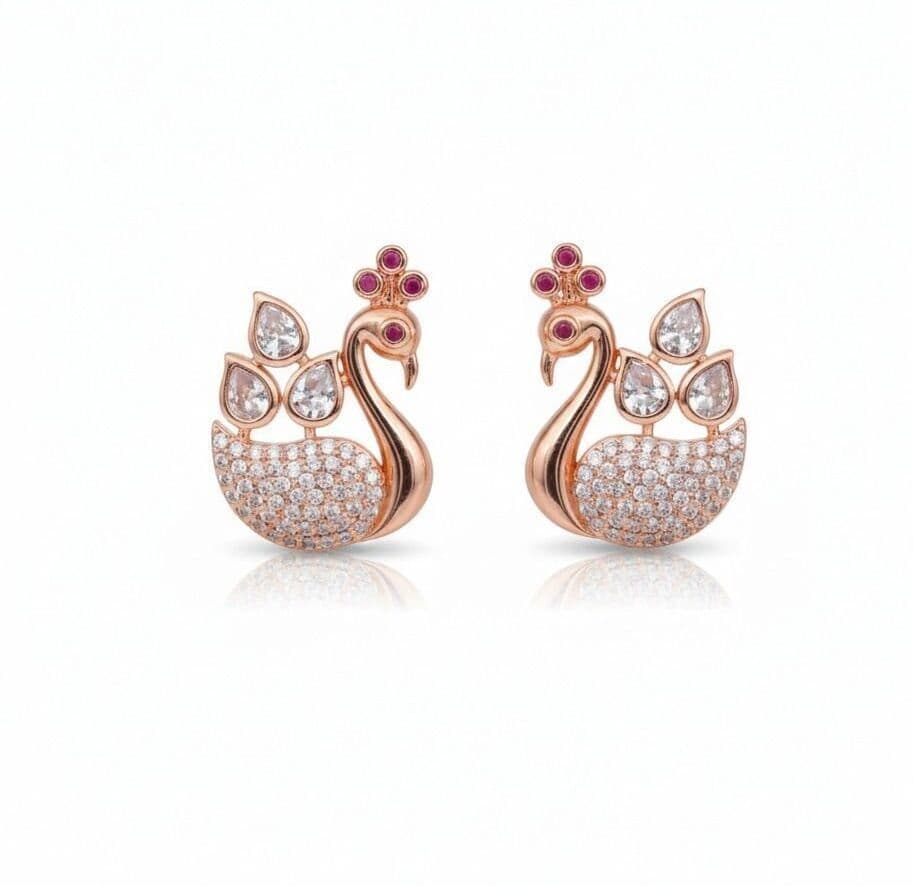 Forevershine Rose Gold Peacock Stud Earrings, Cubic Zirconia, Ruby Accent Stones, Pave Setting Lstud Earrings For Women & Girls | Small Pavé Cz Oval Huggie Hoops | Party & Daily Elegant Jewellery - Image 4