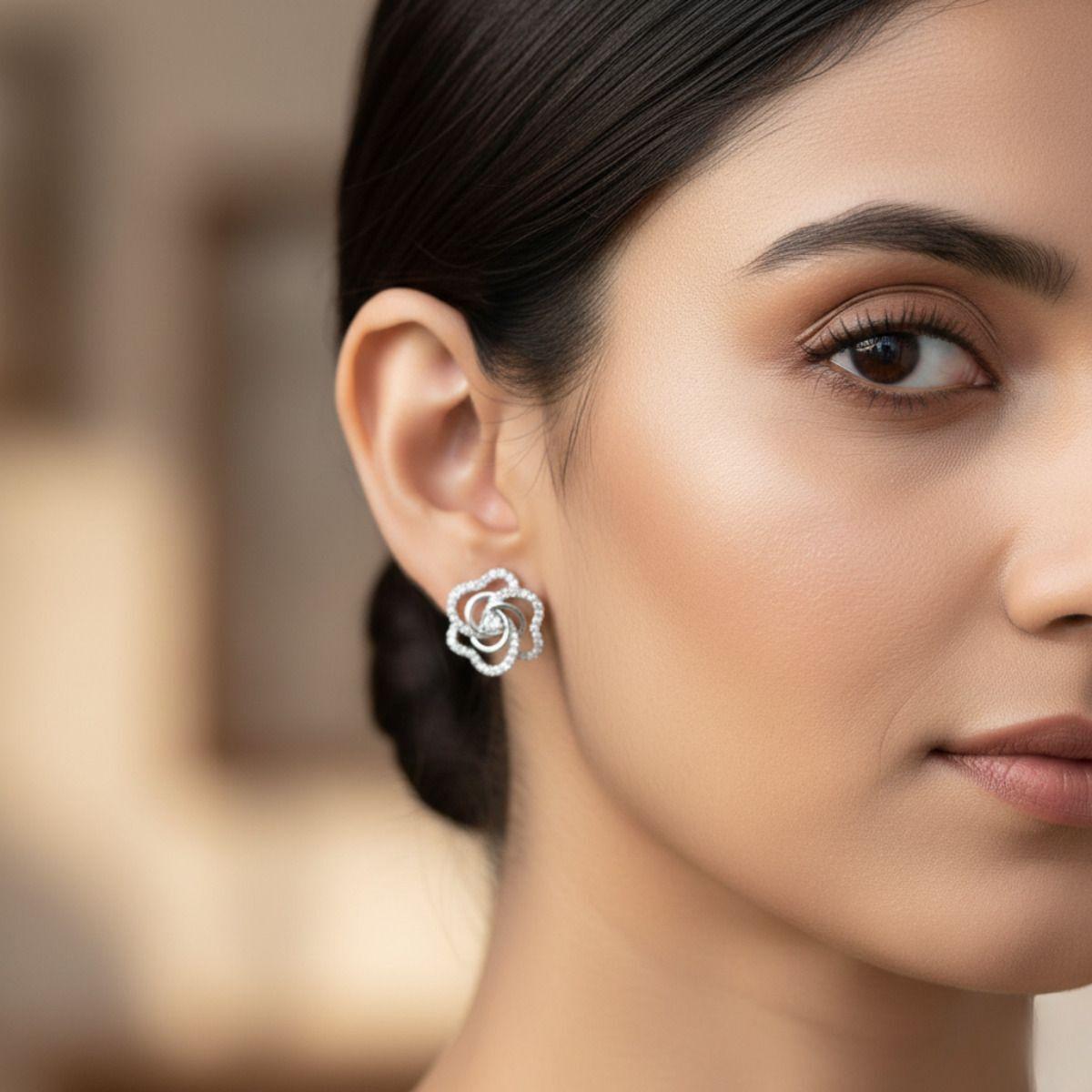 Forevershine Floral Cz Stud Earrings For Women | Crystal Stone Studded Flower Designer Tops | Rhodium Tone Party Daily Fashion Jewellery - Image 2