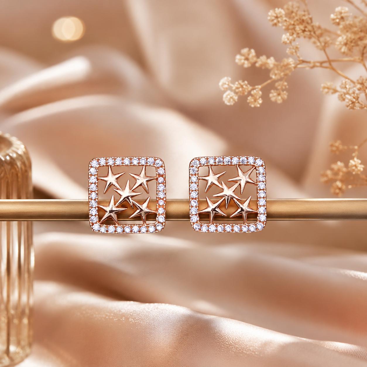 Forevershine Rose Gold Square Star Stud Earrings For Women | Cubic Zirconia Crystal Studded Designer Tops | Party & Daily Fashion Jewellery - Image 3