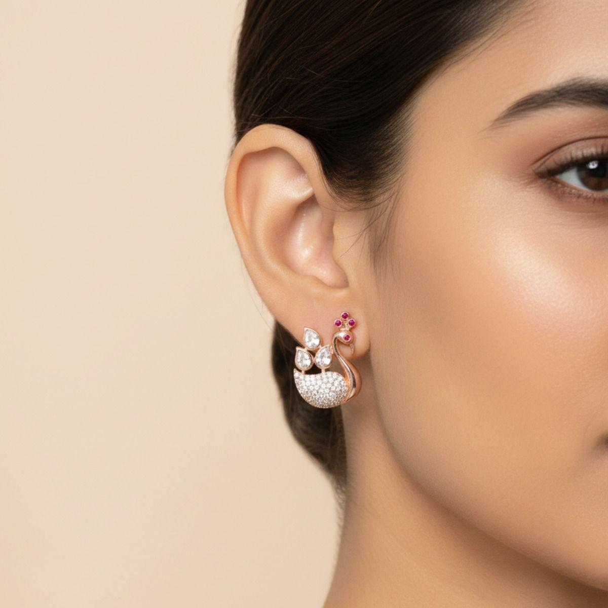 Forevershine Rose Gold Peacock Stud Earrings, Cubic Zirconia, Ruby Accent Stones, Pave Setting Lstud Earrings For Women & Girls | Small Pavé Cz Oval Huggie Hoops | Party & Daily Elegant Jewellery - Image 2