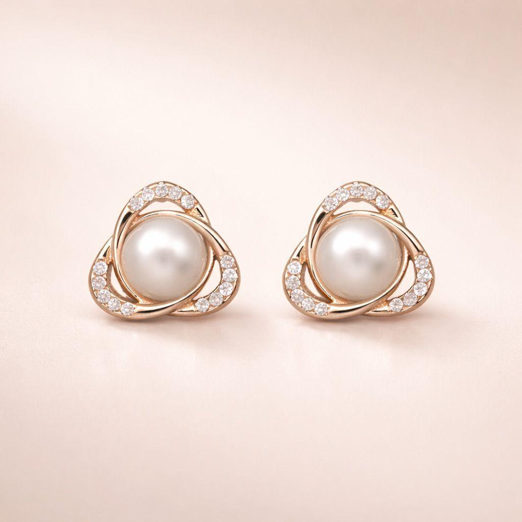 Forevershine Rose Gold Pearl Stud Earrings For Women | Cubic Zirconia Crystal Triangle Swirl Designer Tops | Party & Daily Fashion Jewellery