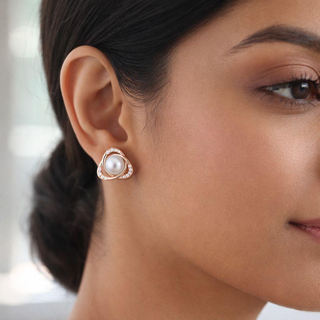 Forevershine Rose Gold Pearl Stud Earrings For Women | Cubic Zirconia Crystal Triangle Swirl Designer Tops | Party & Daily Fashion Jewellery - Image 2