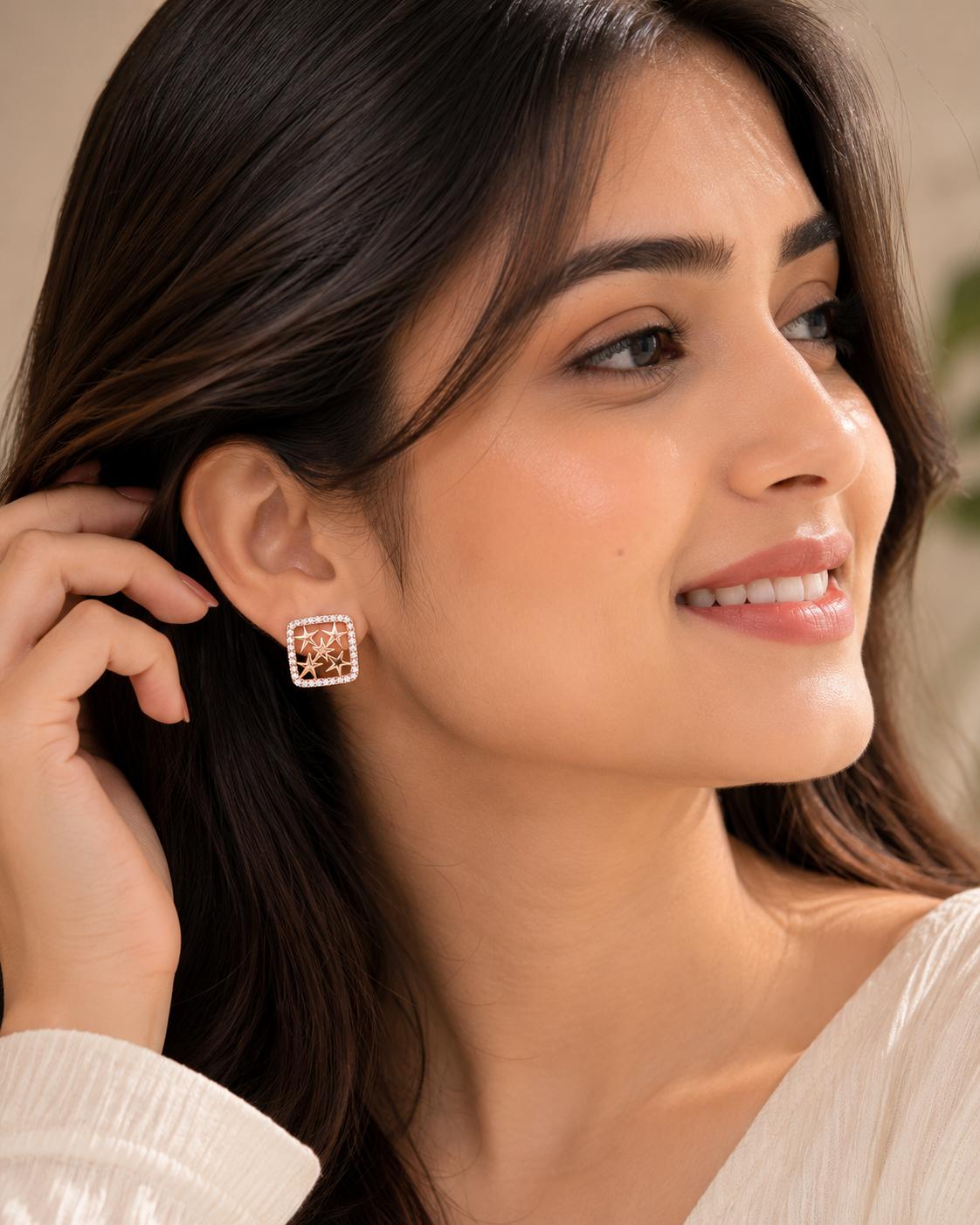 Forevershine Rose Gold Square Star Stud Earrings For Women | Cubic Zirconia Crystal Studded Designer Tops | Party & Daily Fashion Jewellery - Image 2