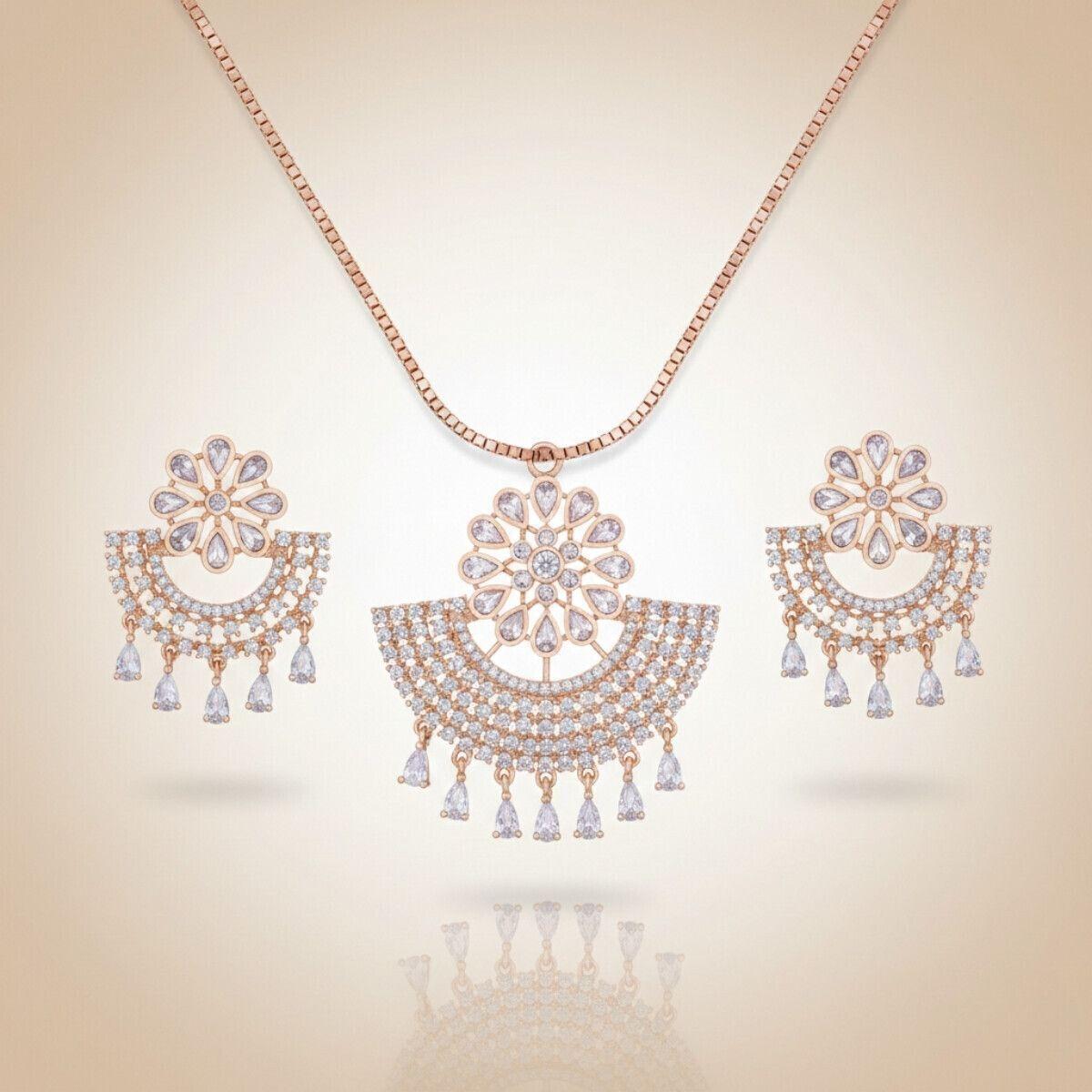 Forevershine Rose Gold Plated Cubic Zirconia Pendant Necklace & Earring Set – Women’s Jewelry Set