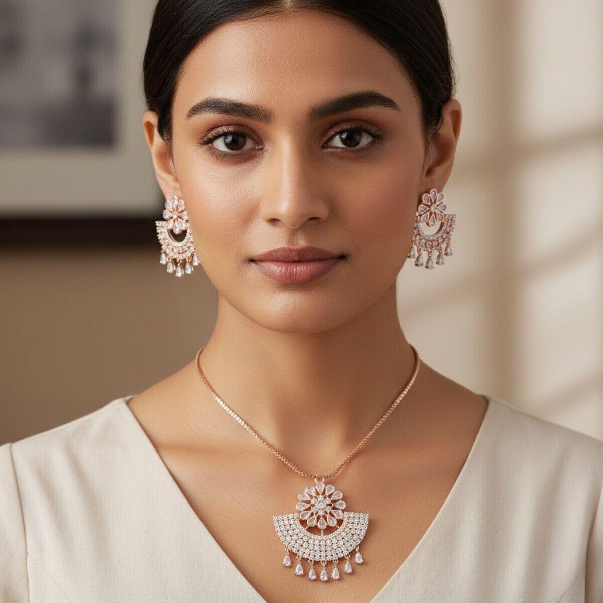 Forevershine Rose Gold Plated Cubic Zirconia Pendant Necklace & Earring Set – Women’s Jewelry Set - Image 2