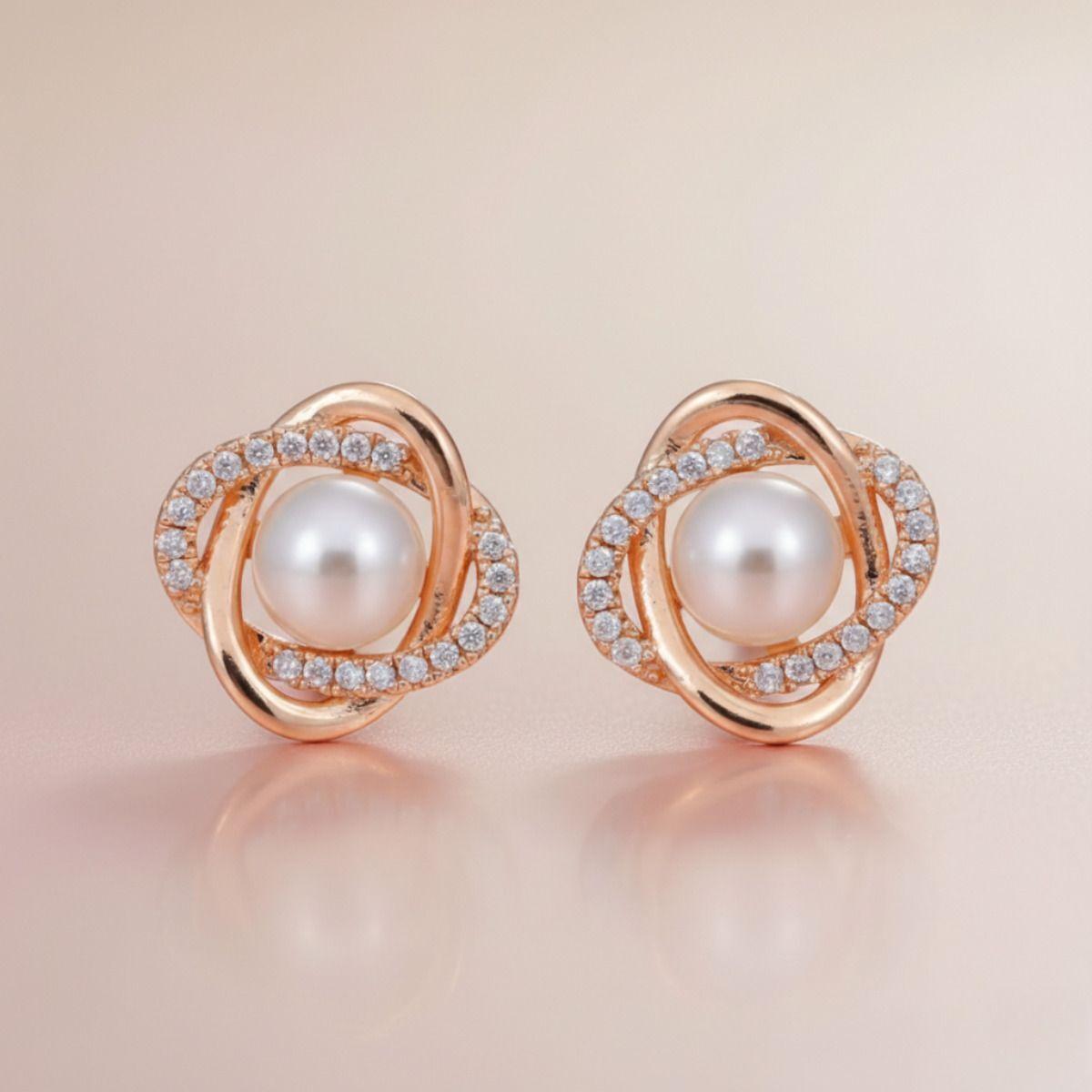 Forevershine Rose Gold Pearl Stud Earrings For Women|cubic Zirconia Crystal Studded Round Knot Designer Tops | Party & Daily Fashion Jewellery