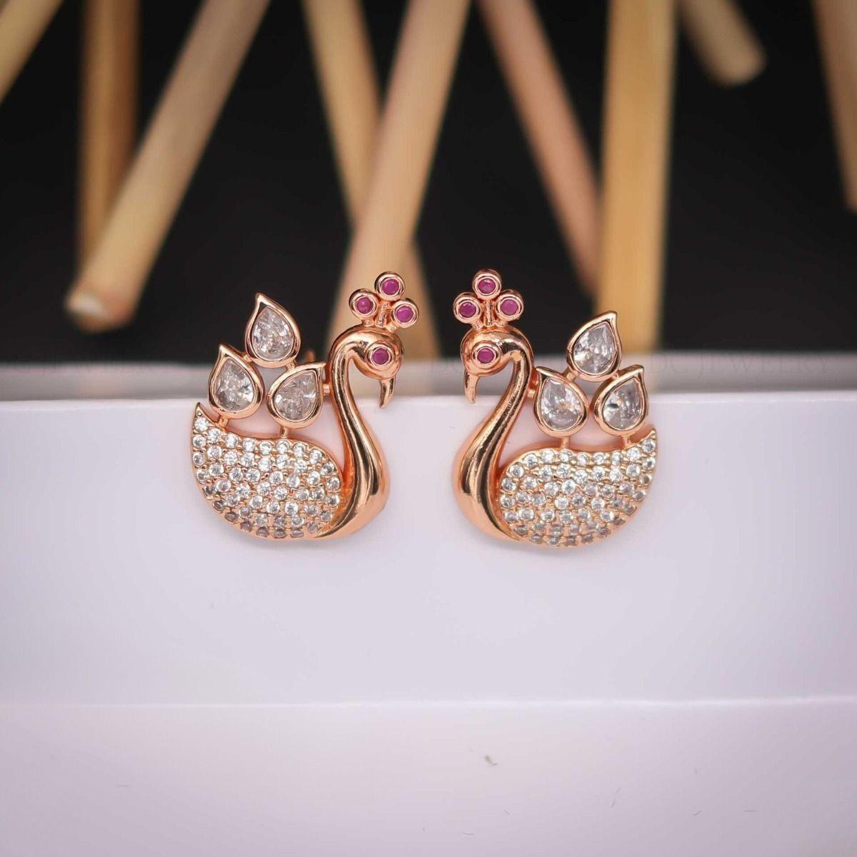 Forevershine Rose Gold Peacock Stud Earrings, Cubic Zirconia, Ruby Accent Stones, Pave Setting Lstud Earrings For Women & Girls | Small Pavé Cz Oval Huggie Hoops | Party & Daily Elegant Jewellery - Image 3