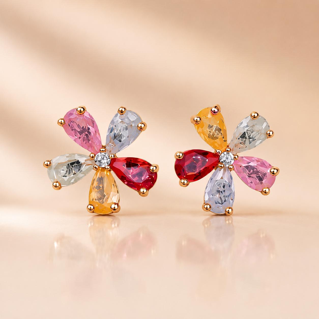 Forevershine Rose Gold Plated Multicolour Cz Floral Stud Earrings | Elegant Designer Flower Tops For Women | Lightweight Sparkling Party Wedding Jewellery Gift