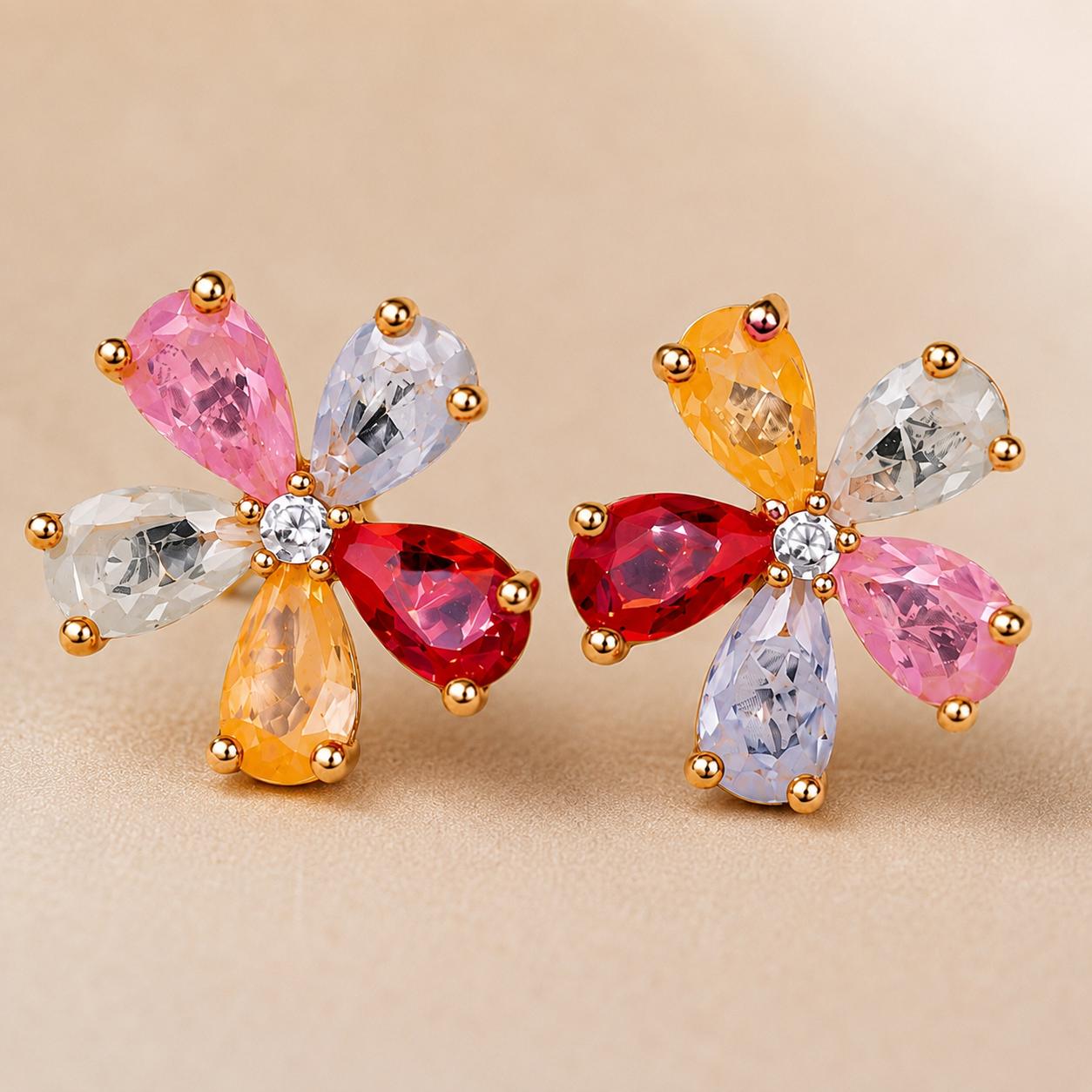 Forevershine Rose Gold Plated Multicolour Cz Floral Stud Earrings | Elegant Designer Flower Tops For Women | Lightweight Sparkling Party Wedding Jewellery Gift - Image 3