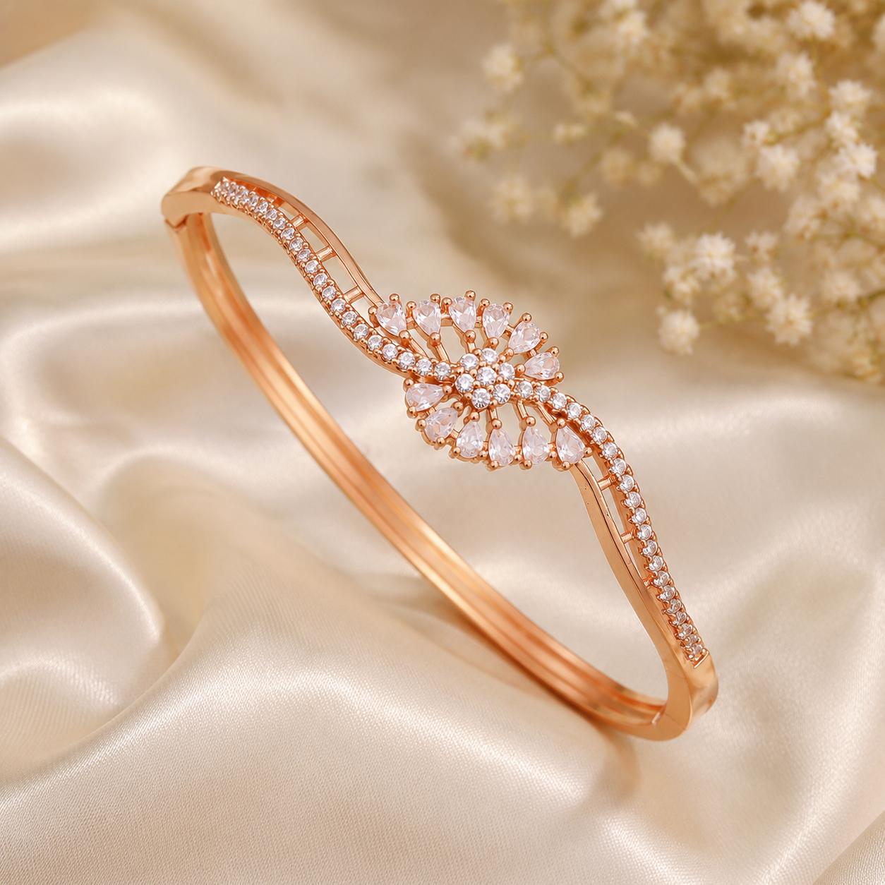 Forevershine Rose Gold Plated Cz Studded Floral Openable Bracelet Kada For Women | Cubic Zirconia Designer Bangle | Party Wedding Jewellery