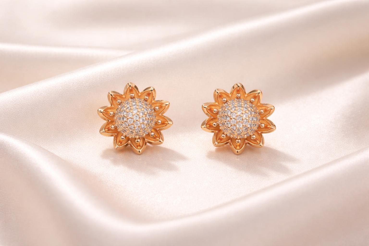 Forevershine Rose Gold Plated Sunflower Stud Earrings For Women | American Diamond Cz Floral Design | Lightweight Elegant Party Jewellery Gift