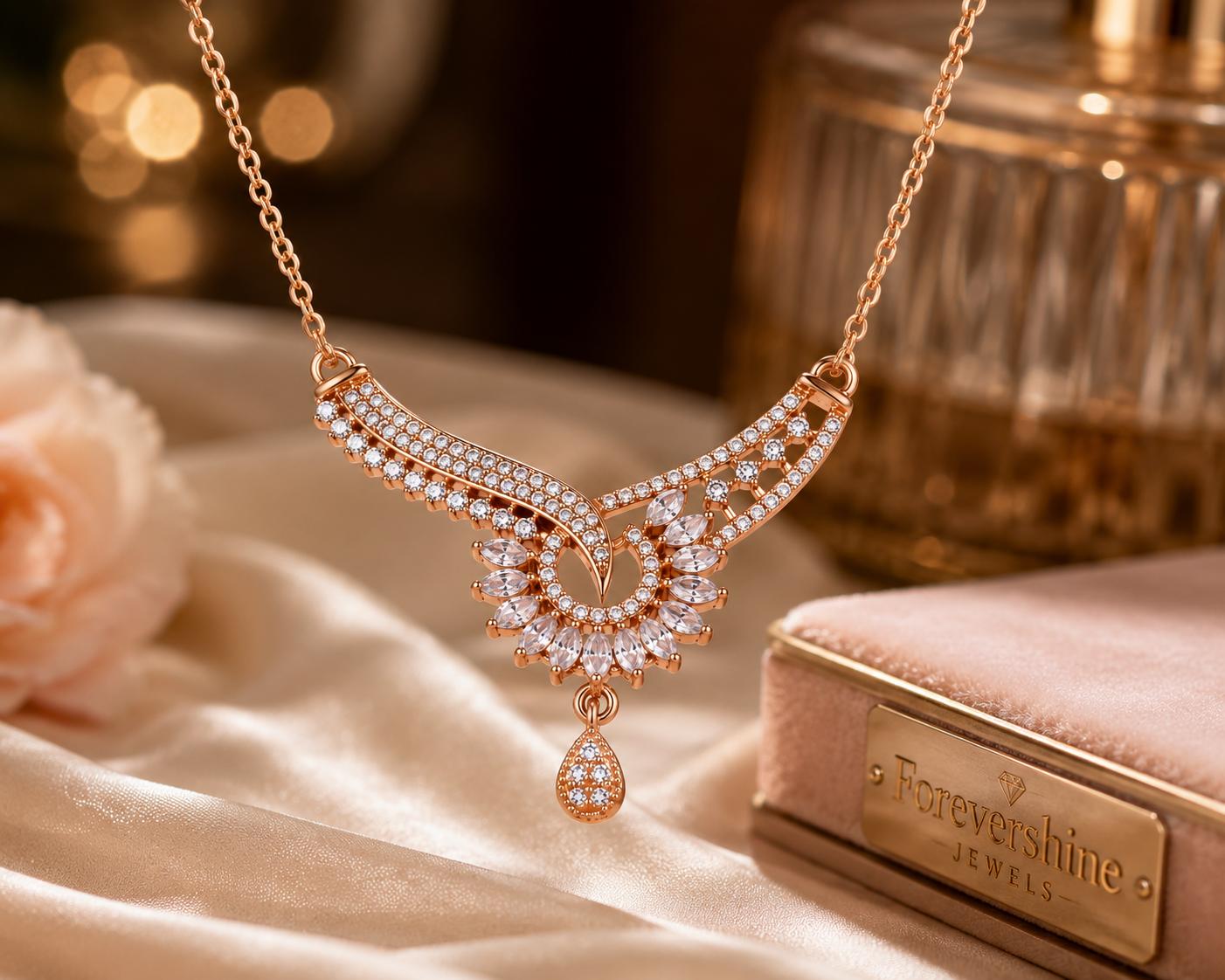 Forevershine Anti Tarnish Rose Gold Plated Designer Necklace For Women | Premium Cubic Zirconia Stones Elegant Drop Pendant | Jewelry For Wedding Party Anniversary Birthday Gift For Her | Stylish Modern Fashion Accessory - Image 5