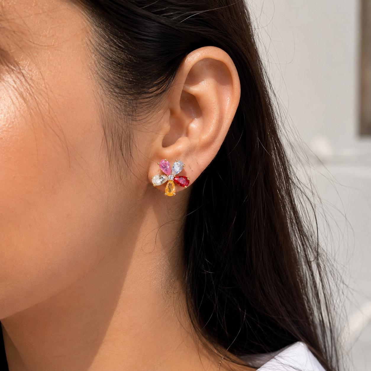 Forevershine Rose Gold Plated Multicolour Cz Floral Stud Earrings | Elegant Designer Flower Tops For Women | Lightweight Sparkling Party Wedding Jewellery Gift - Image 2