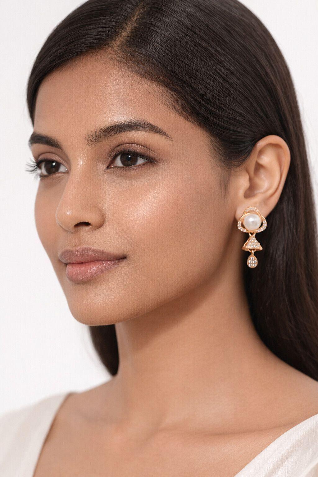 Forevershine Rose Gold Plated Pearl And Cz Jhumki Earrings For Women & Girls | Traditional Drop Design Elegant Sparkling | Party Wedding Festive Jewellery - Image 2