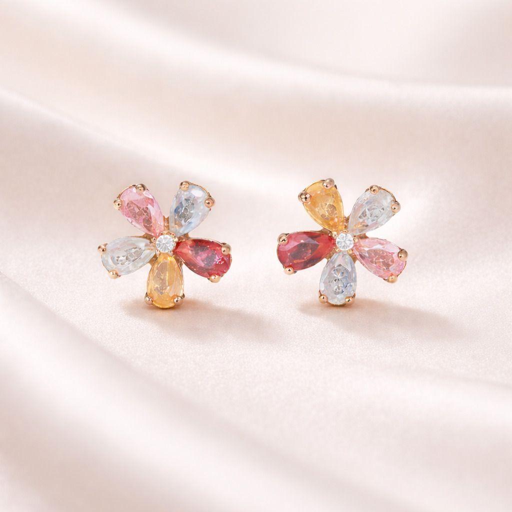 Forevershine Rose Gold Plated Multicolour Cz Floral Stud Earrings | Elegant Designer Flower Tops For Women | Lightweight Sparkling Party Wedding Jewellery Gift - Image 4