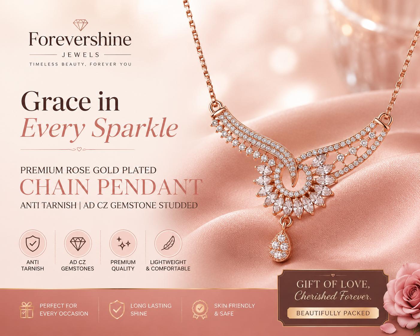 Forevershine Anti Tarnish Rose Gold Plated Designer Necklace For Women | Premium Cubic Zirconia Stones Elegant Drop Pendant | Jewelry For Wedding Party Anniversary Birthday Gift For Her | Stylish Modern Fashion Accessory - Image 4