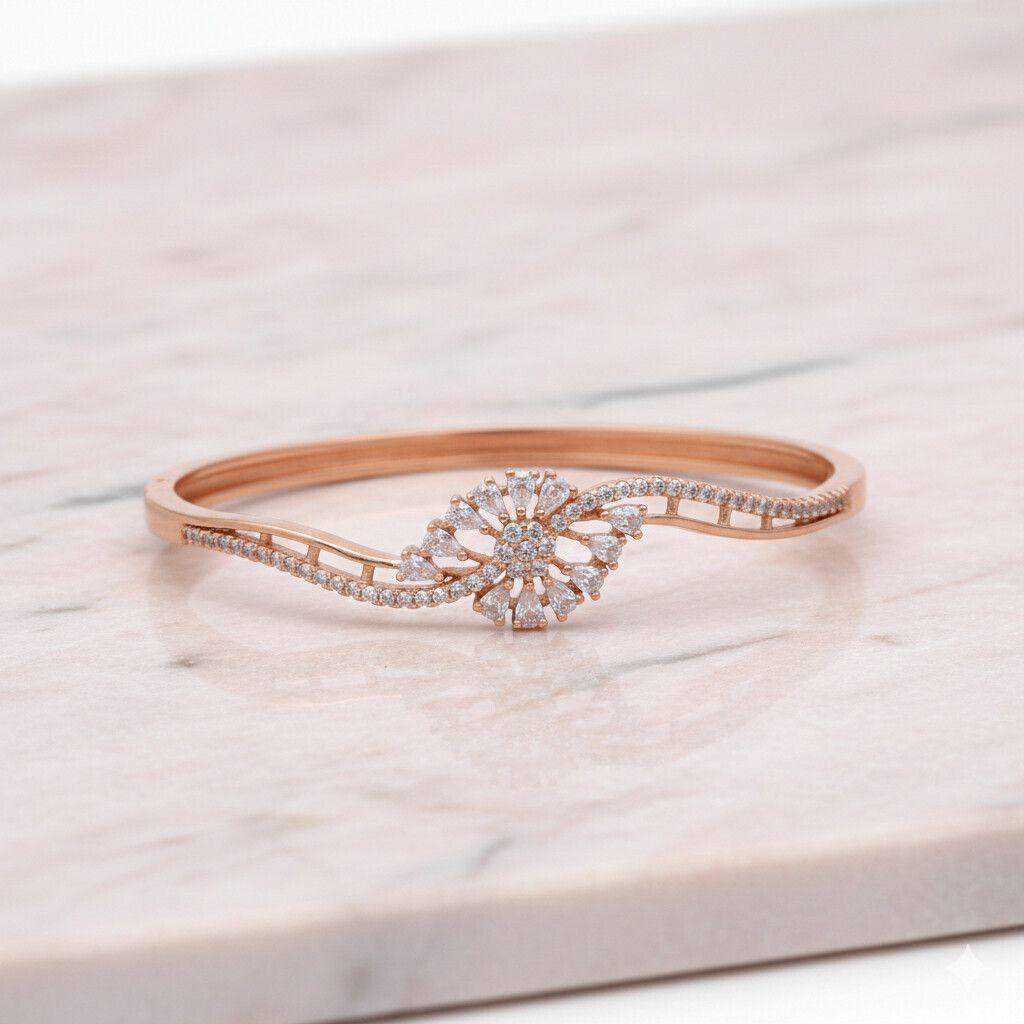 Forevershine Rose Gold Plated Cz Studded Floral Openable Bracelet Kada For Women | Cubic Zirconia Designer Bangle | Party Wedding Jewellery - Image 7