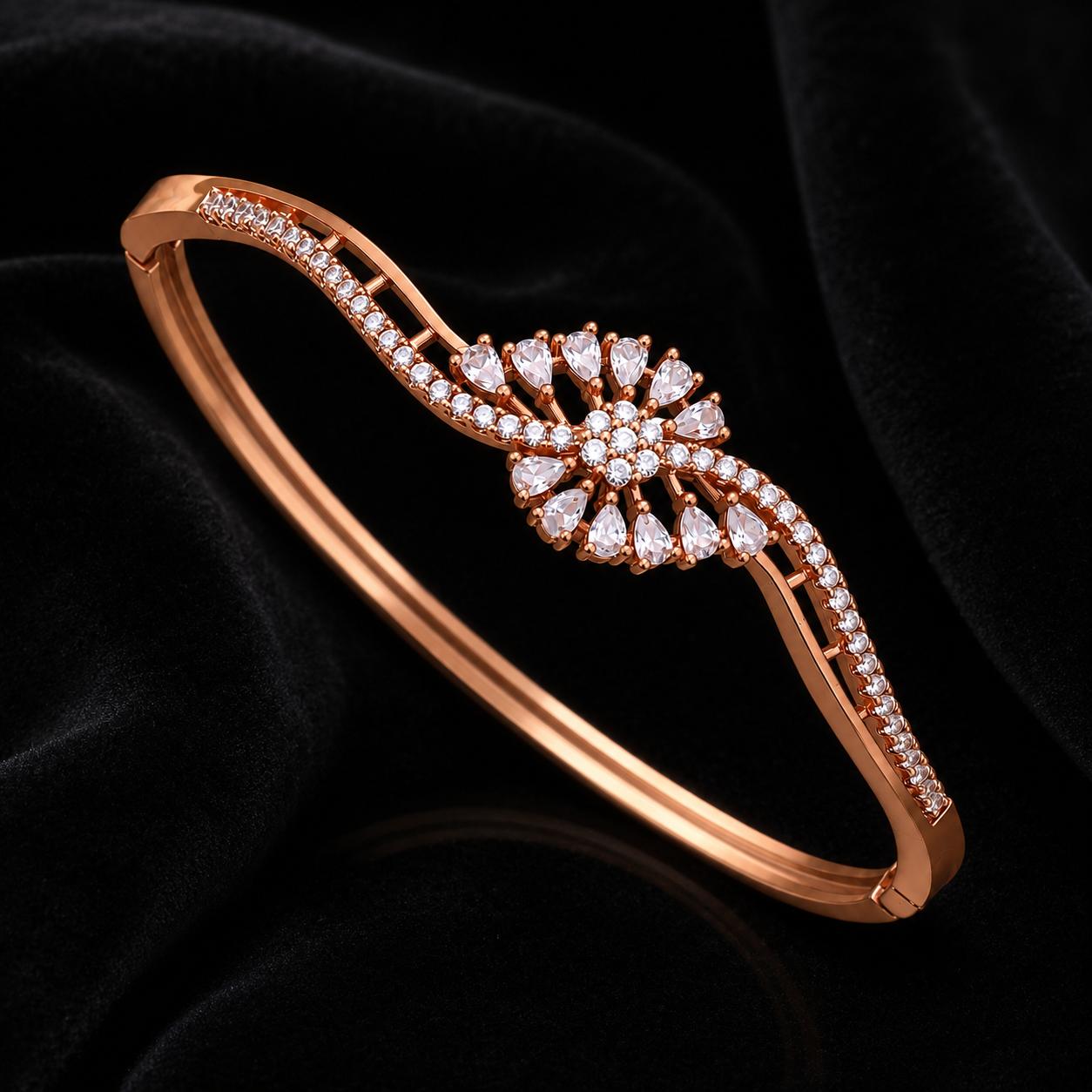 Forevershine Rose Gold Plated Cz Studded Floral Openable Bracelet Kada For Women | Cubic Zirconia Designer Bangle | Party Wedding Jewellery - Image 4
