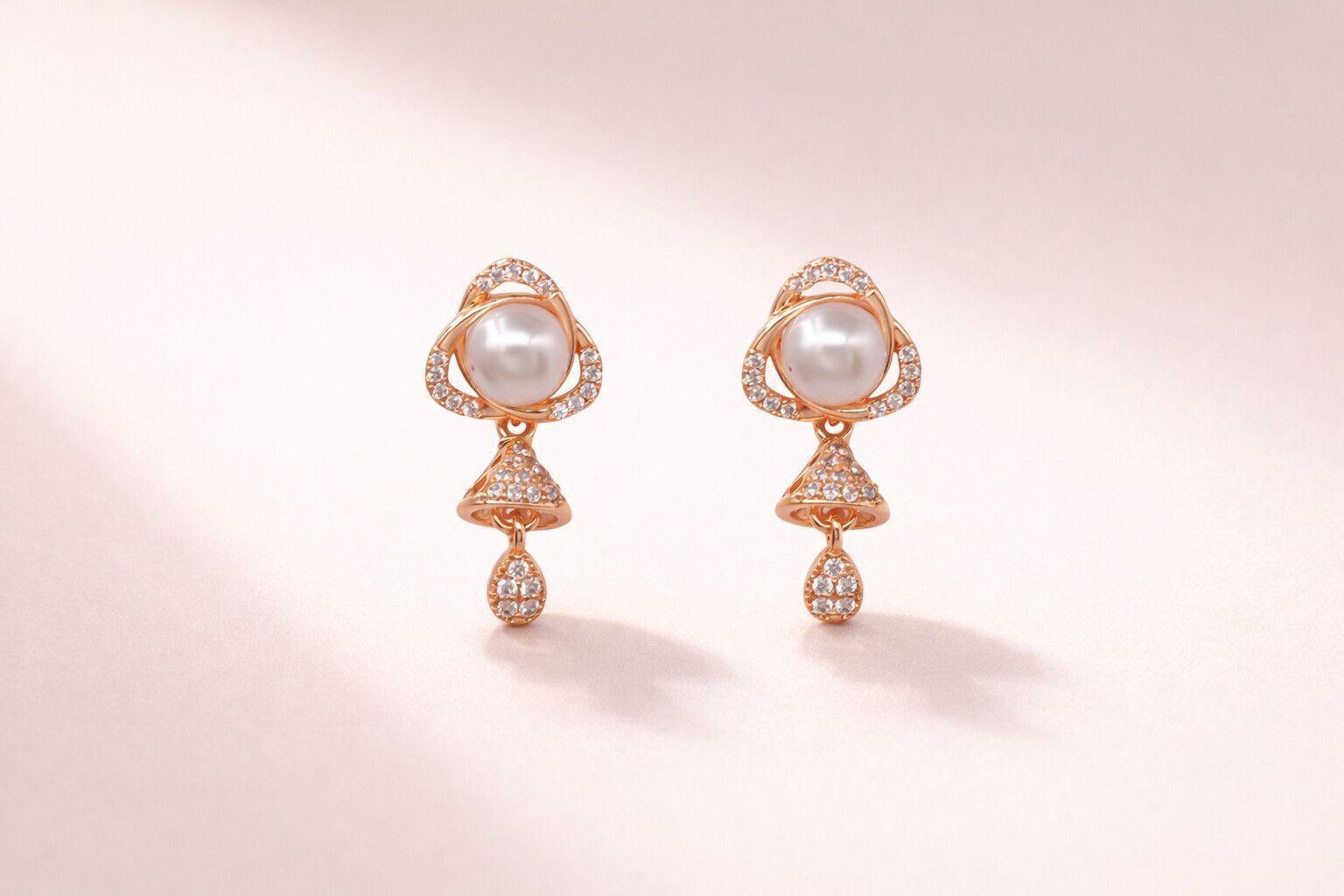 Forevershine Rose Gold Plated Pearl And Cz Jhumki Earrings For Women & Girls | Traditional Drop Design Elegant Sparkling | Party Wedding Festive Jewellery - Image 3